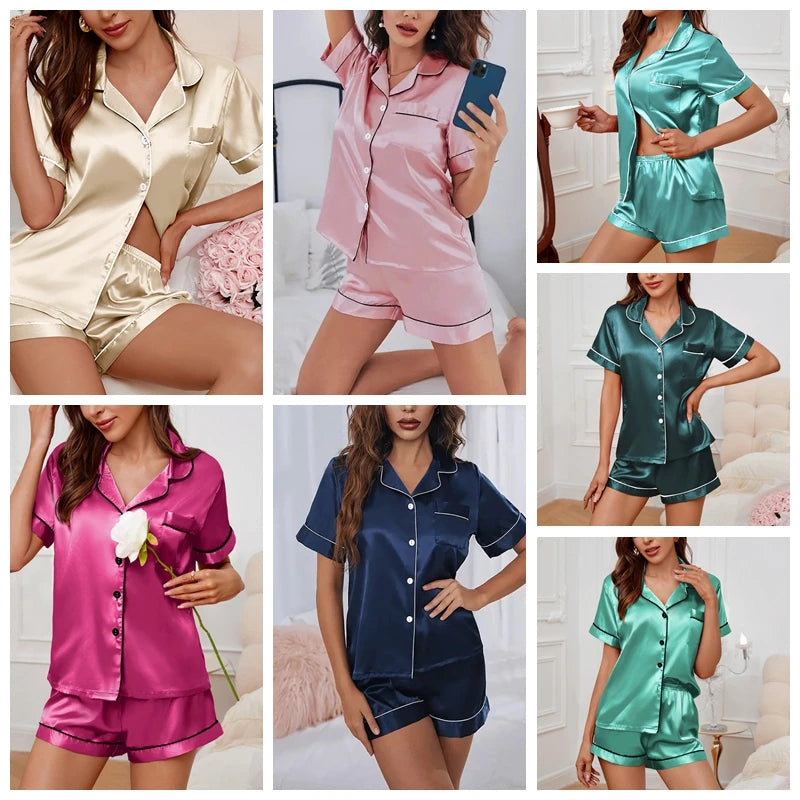 Satin Pajamas Set Luxurious Short Sleeve Turn Down Collar