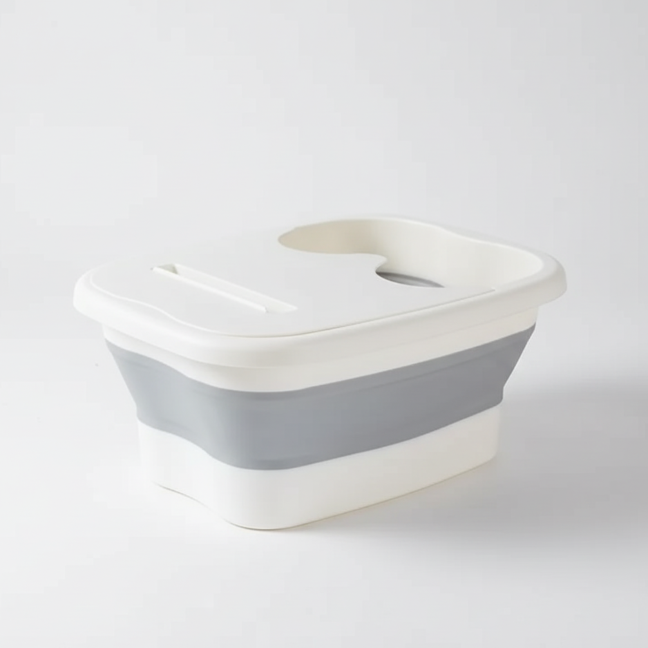 White and gray pet litter box on a white background