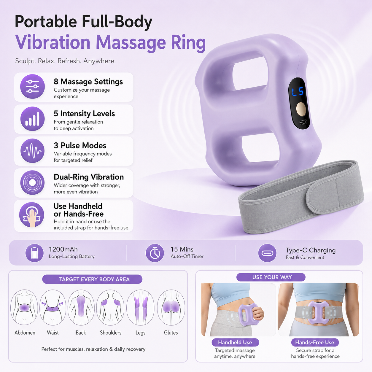 Anel de massagem vibratório portátil para o corpo todo – 8 configurações de massagem e alça para uso com as mãos livres